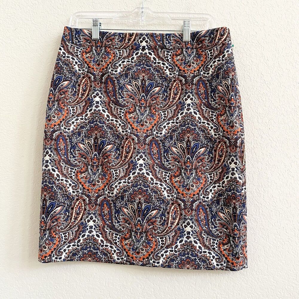 J. CREW Paisley Print Pencil Skirt Career Suiting Sz 0 $128 Orange Blue Multi
